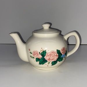 Interpur Accents Teapot Pink Roses Amid Green Leaves Blue Flowers